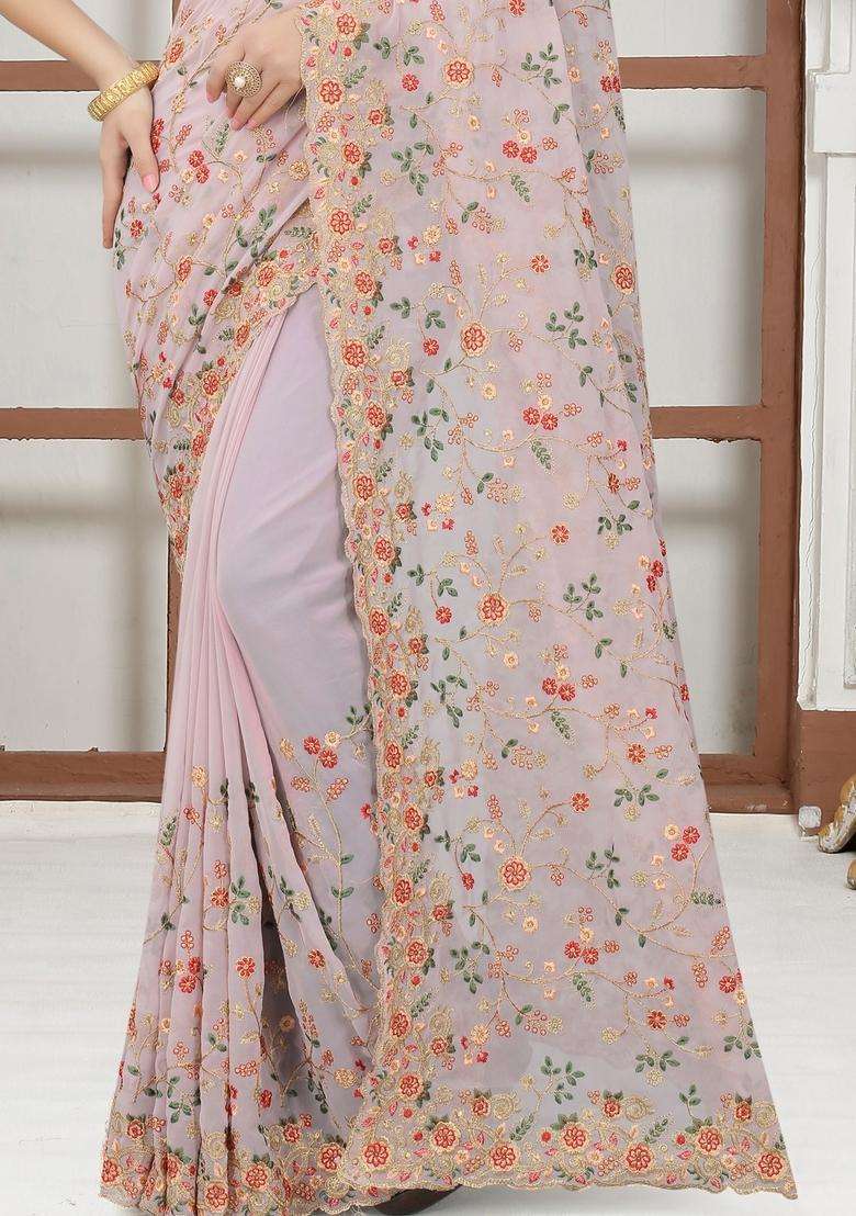 Lavender Zari Work Georgette Saree Set for Diwali and Festive Wear - Indya