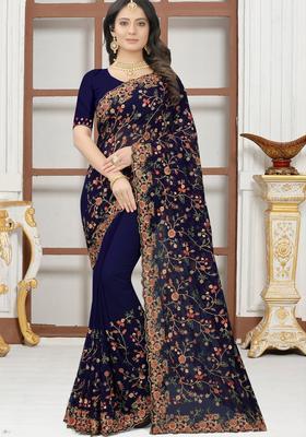 Navy Blue Zari Work Georgette Saree Set