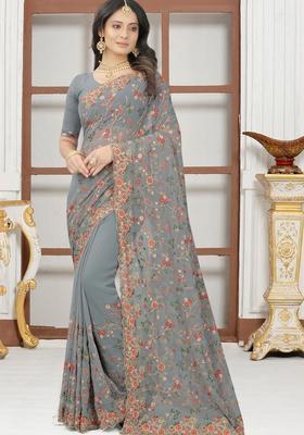 Grey Zari Work Georgette Saree Set