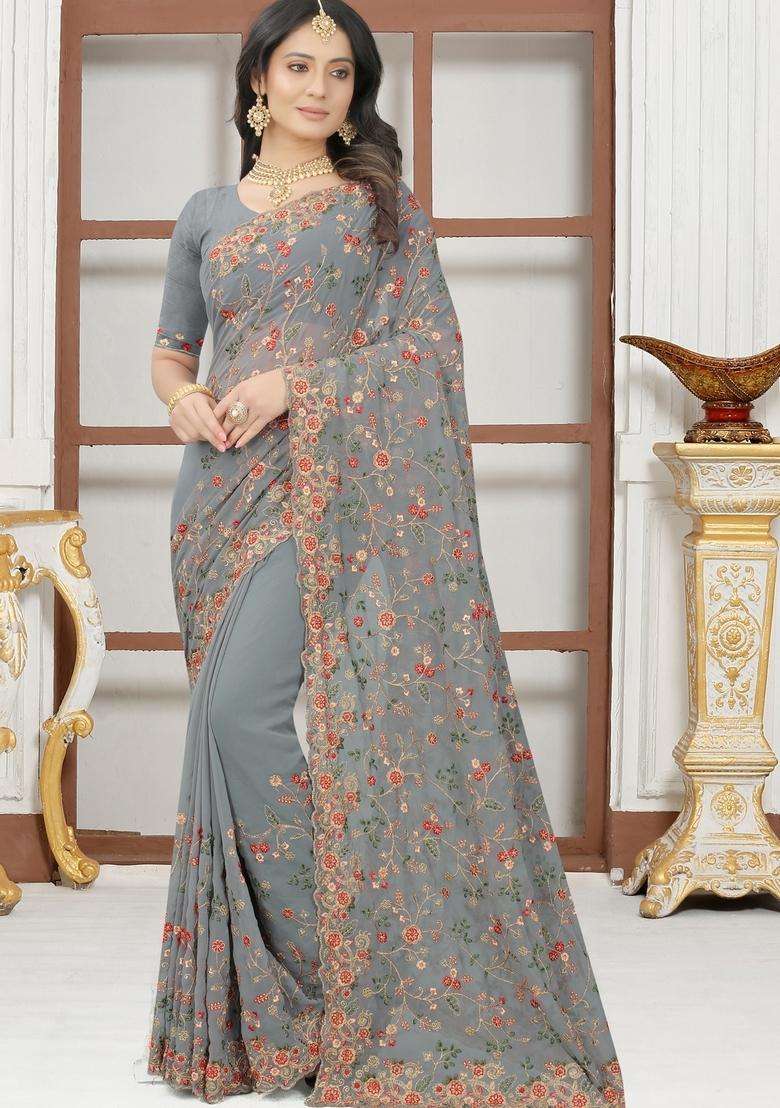 Grey Georgette Saree Set with Zari Work for Diwali | Wedding & Festive Wear - Indya