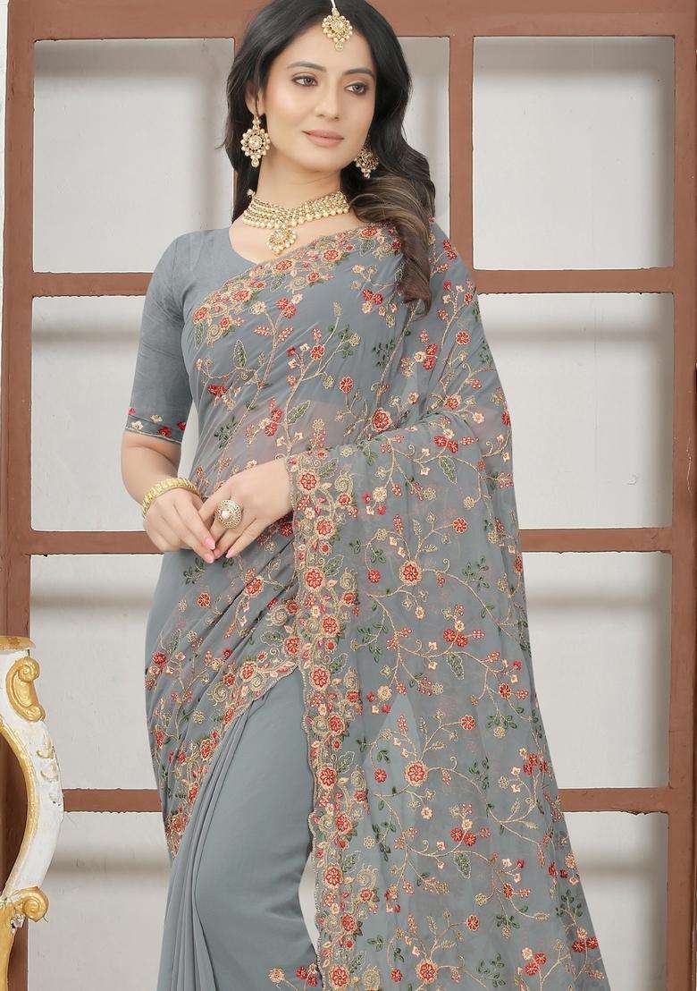 Grey Georgette Saree Set with Zari Work for Diwali | Wedding & Festive Wear - Indya