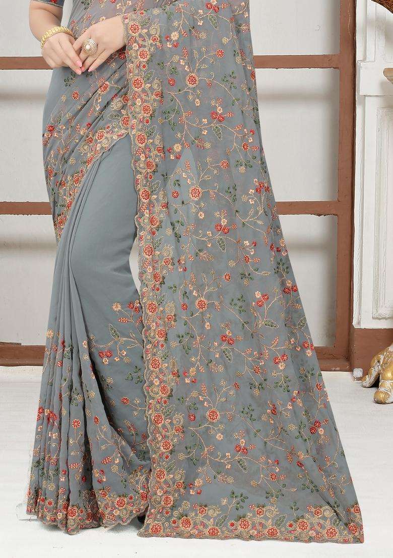 Grey Georgette Saree Set with Zari Work for Diwali | Wedding & Festive Wear - Indya