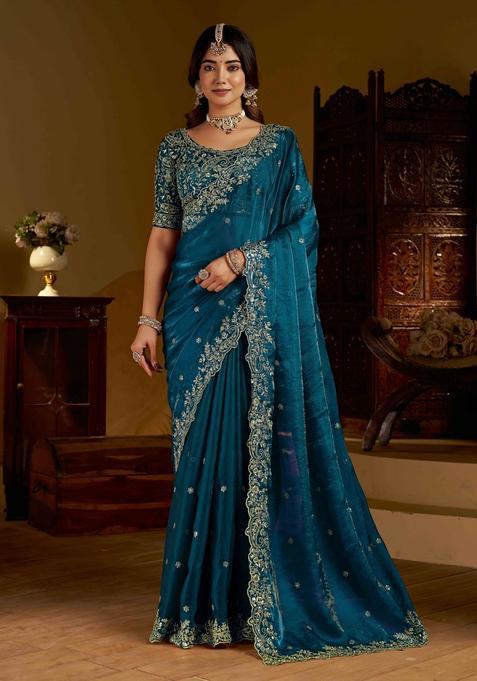Rama Solid Satin Saree Set