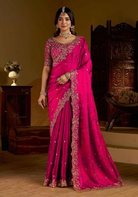 Rani Pink Solid Satin Saree Set