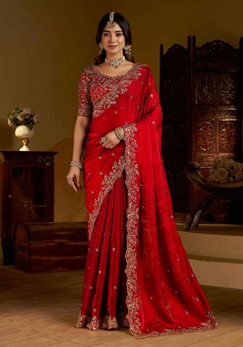 Red Solid Satin Saree Set