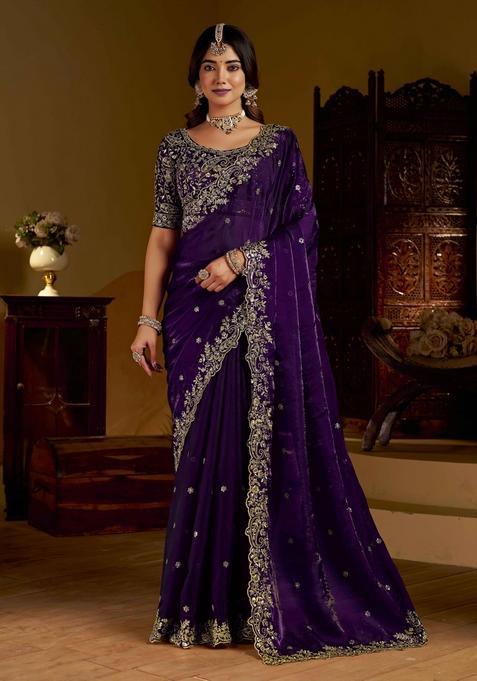 Violet Solid Satin Saree Set