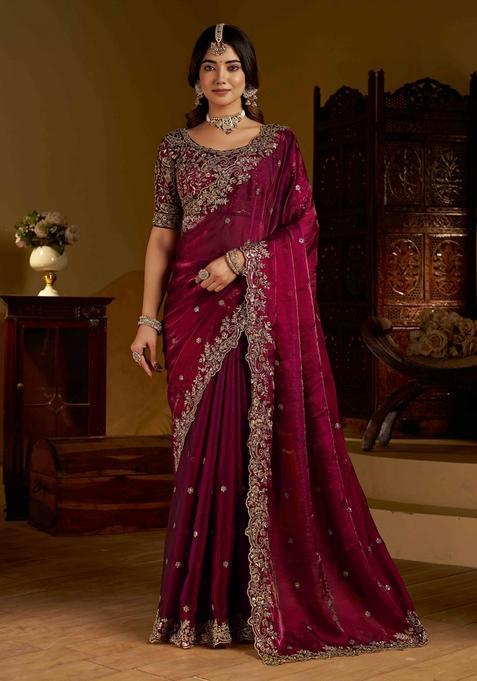 Wine Solid Satin Saree Set