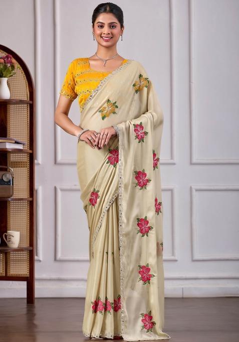 Beige Solid Silk Saree Set
