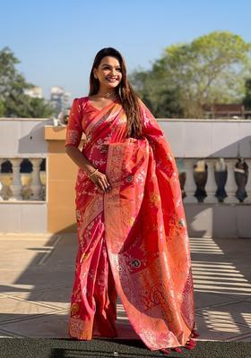 Gajari Pink Zari Work Silk Saree Set