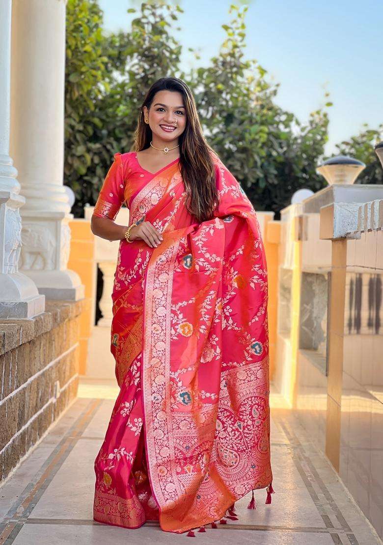 Gajari Pink Silk Blend Saree Set with Zari Work for Diwali | Wedding & Festive Wear - Indya