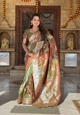 Mehendi Zari Work Silk Saree Set