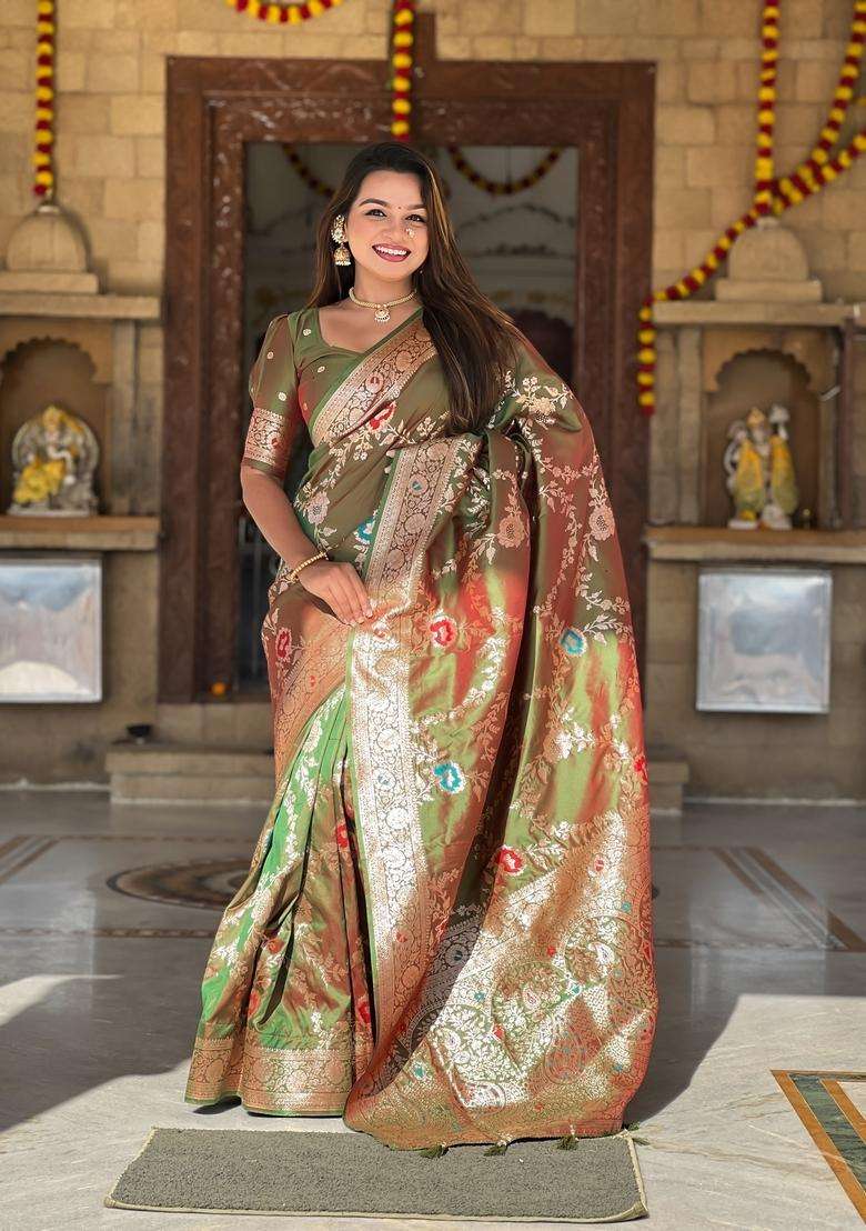 Mehendi Zari Work Silk Blend Saree Set for Diwali and Festive Wear - Indya