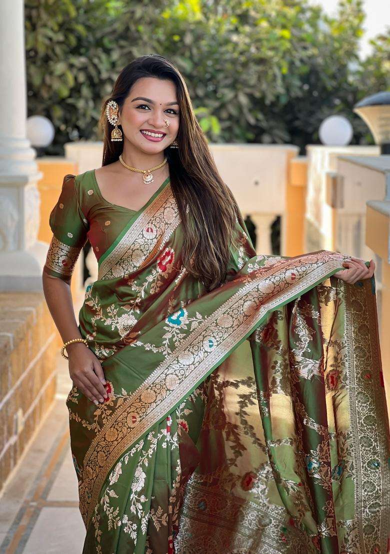 Mehendi Zari Work Silk Blend Saree Set for Diwali and Festive Wear - Indya