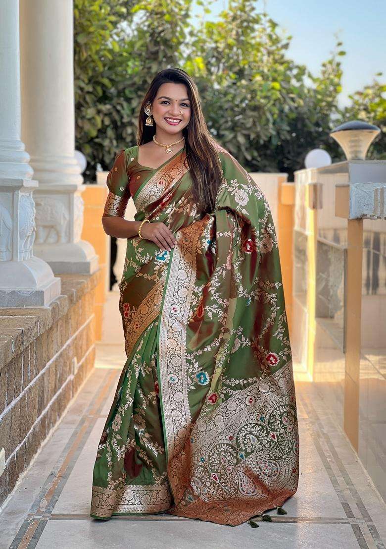 Mehendi Zari Work Silk Blend Saree Set for Diwali and Festive Wear - Indya