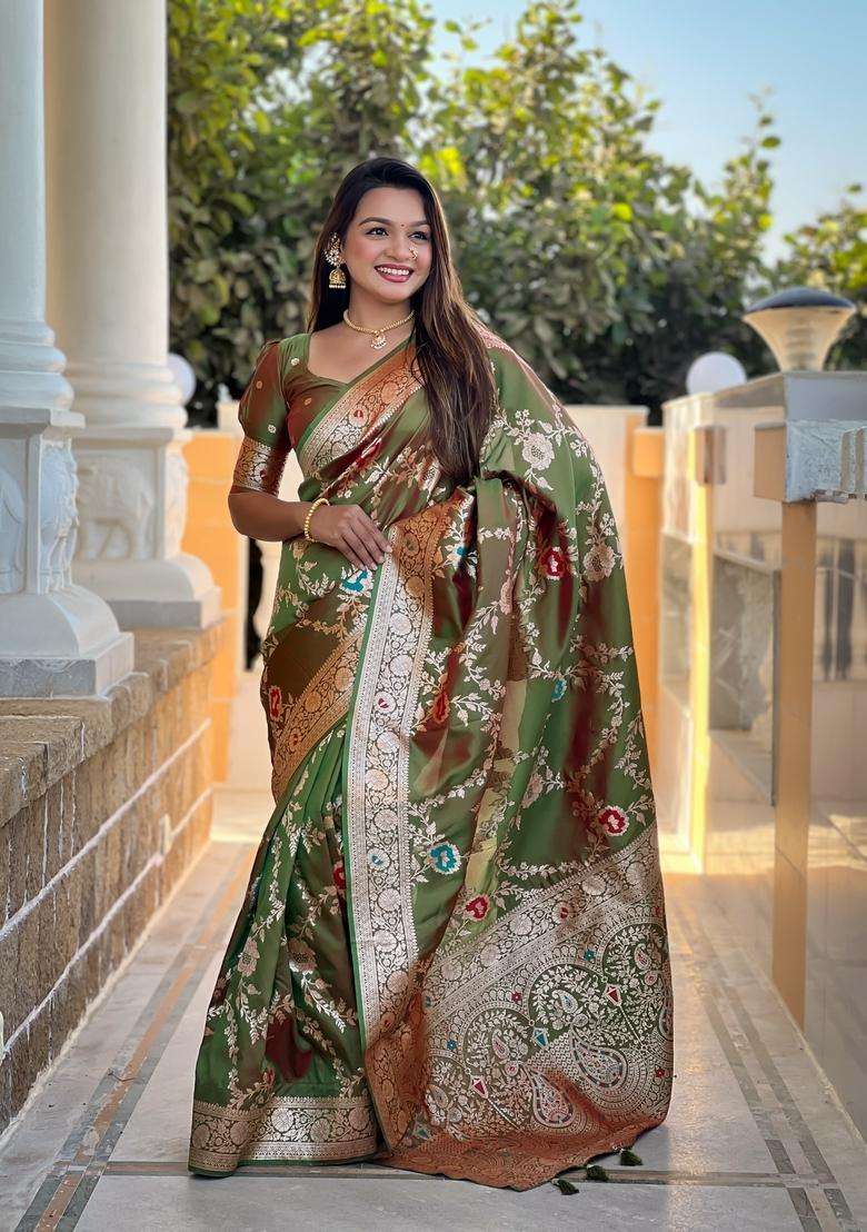 Mehendi Zari Work Silk Blend Saree Set for Diwali and Festive Wear - Indya