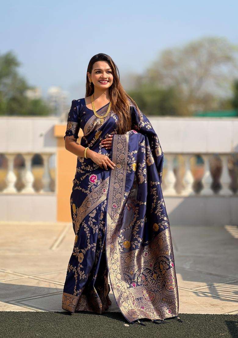 Navy Blue Silk Blend Saree Set with Zari Work for Diwali | Wedding & Festive Wear - Indya