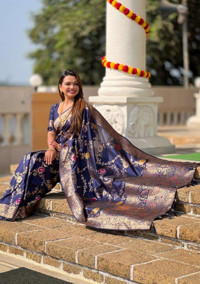 Navy Blue Silk Blend Saree Set with Zari Work for Diwali | Wedding & Festive Wear - Indya