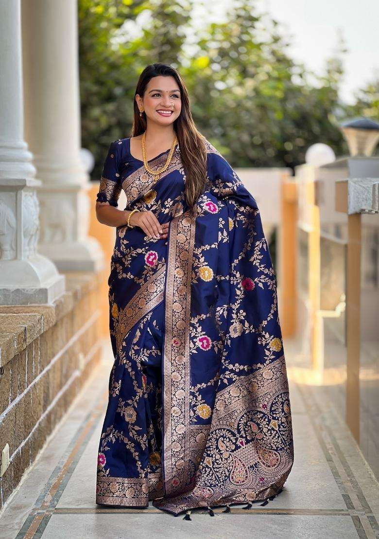 Navy Blue Silk Blend Saree Set with Zari Work for Diwali | Wedding & Festive Wear - Indya