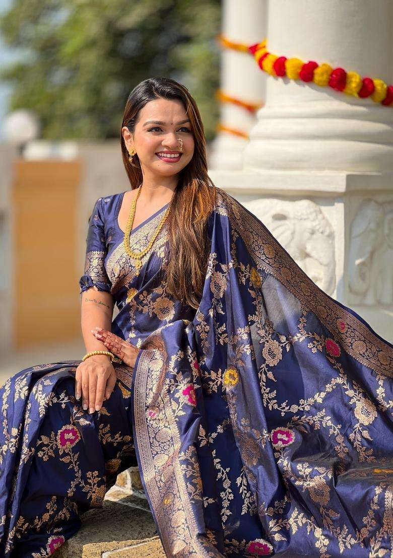Navy Blue Silk Blend Saree Set with Zari Work for Diwali | Wedding & Festive Wear - Indya