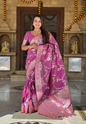 Onion Pink Zari Work Silk Saree Set