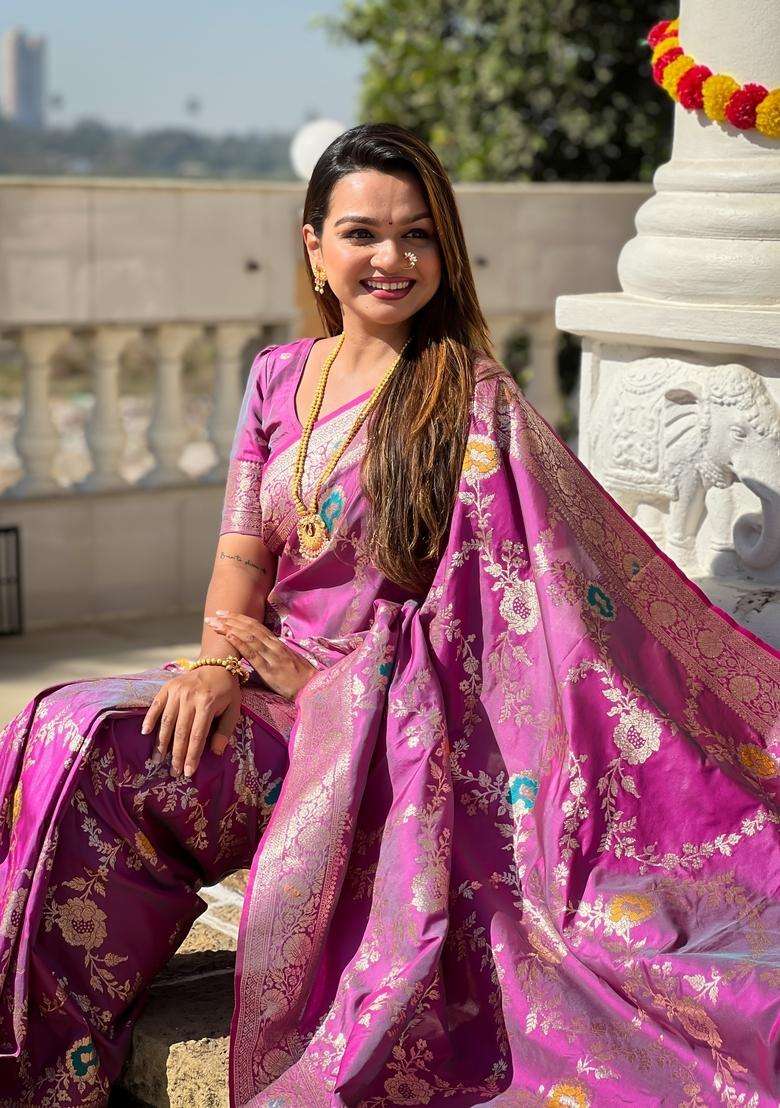 Onion Pink Silk Blend Saree Set with Zari Work for Diwali | Wedding & Festive Wear - Indya