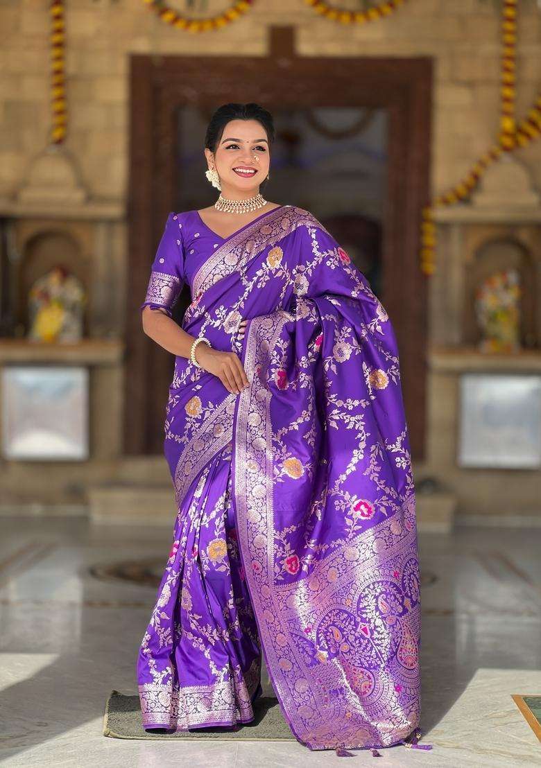 Purple Zari Work Silk Blend Saree Set for Diwali and Festive Wear - Indya