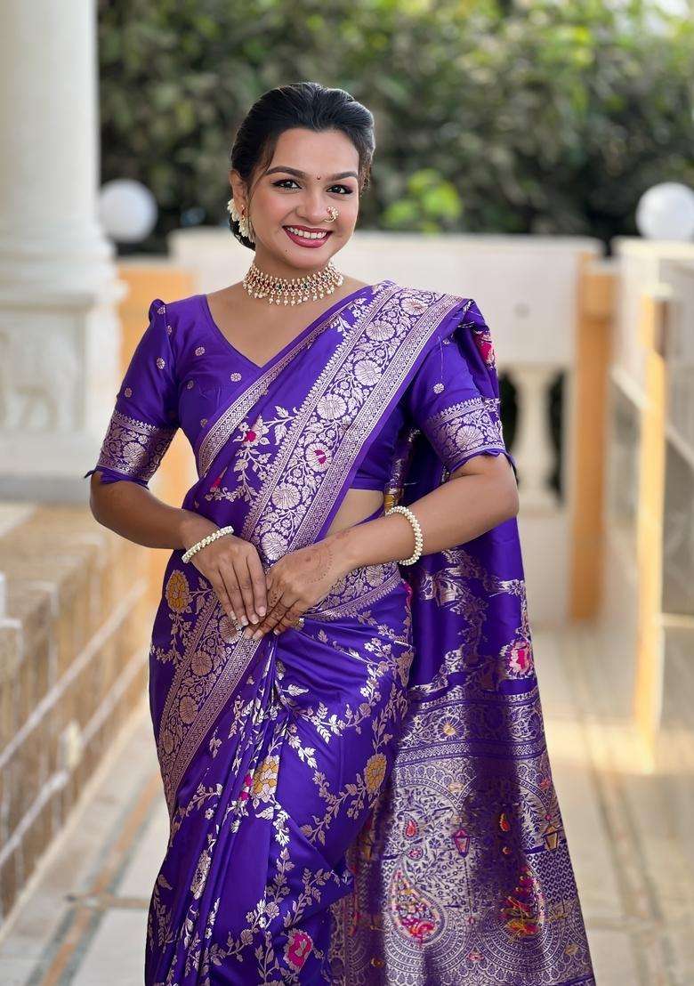 Purple Zari Work Silk Blend Saree Set for Diwali and Festive Wear - Indya