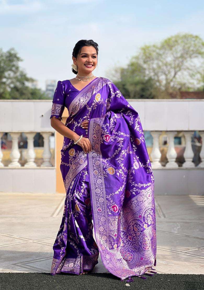 Purple Zari Work Silk Blend Saree Set for Diwali and Festive Wear - Indya