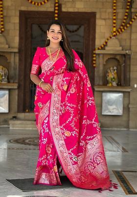Rani Pink Zari Work Silk Saree Set