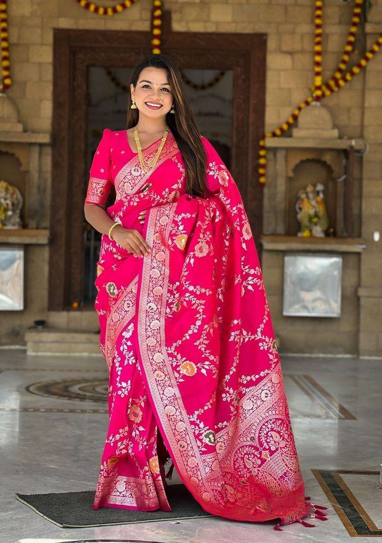 Rani Pink Silk Blend Saree Set with Zari Work for Diwali | Wedding & Festive Wear - Indya