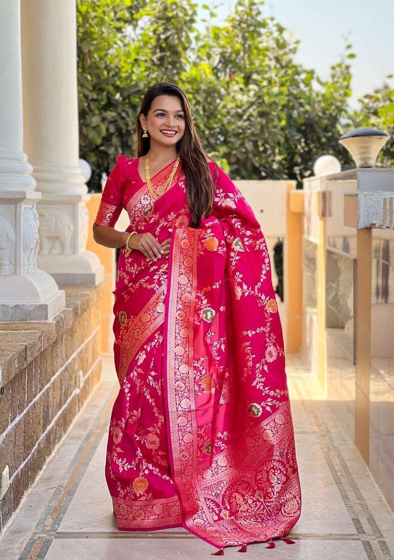 Rani Pink Silk Blend Saree Set with Zari Work for Diwali | Wedding & Festive Wear - Indya
