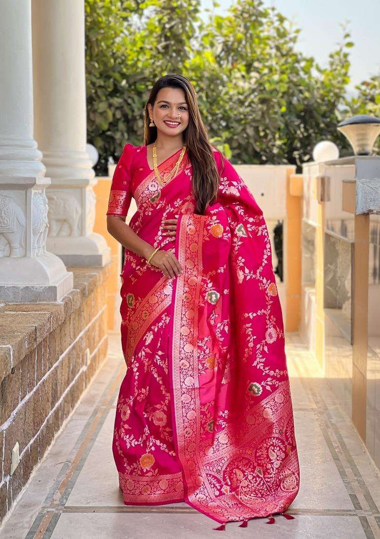 Rani Pink Silk Blend Saree Set with Zari Work for Diwali | Wedding & Festive Wear - Indya