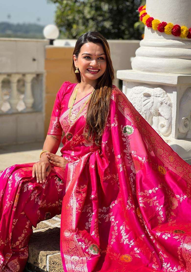 Rani Pink Silk Blend Saree Set with Zari Work for Diwali | Wedding & Festive Wear - Indya