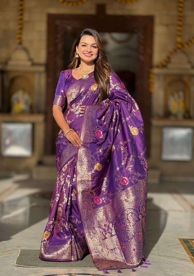 Wine Silk Blend Saree Set with Zari Work for Diwali | Wedding & Festive Wear - Indya