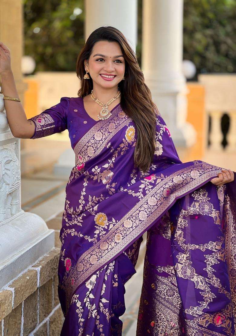 Wine Silk Blend Saree Set with Zari Work for Diwali | Wedding & Festive Wear - Indya