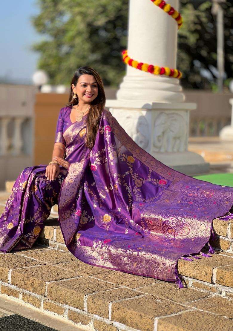 Wine Silk Blend Saree Set with Zari Work for Diwali | Wedding & Festive Wear - Indya