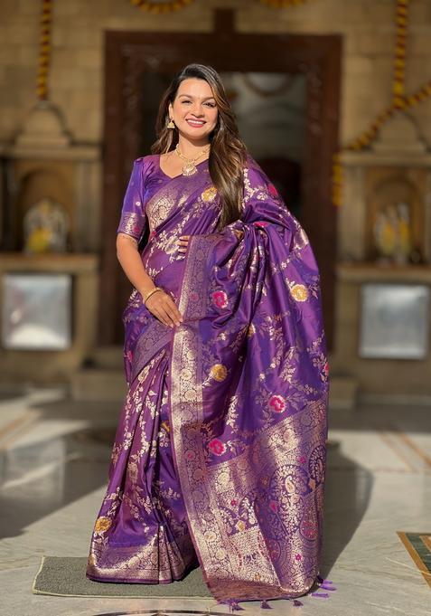 Wine Zari Work Silk Saree Set — view on Indya