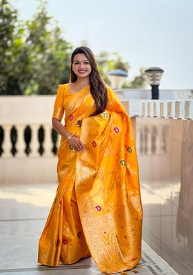 Yellow Zari Work Silk Saree Set