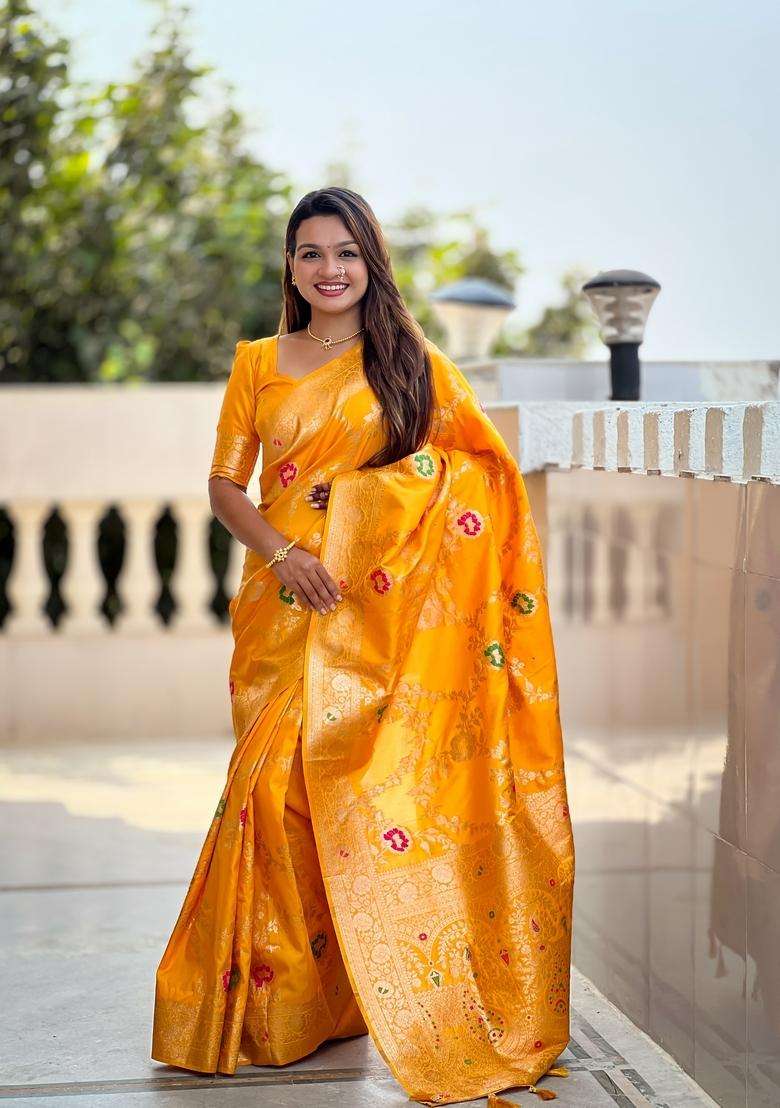 Yellow Zari Work Silk Blend Saree Set for Diwali and Festive Wear - Indya