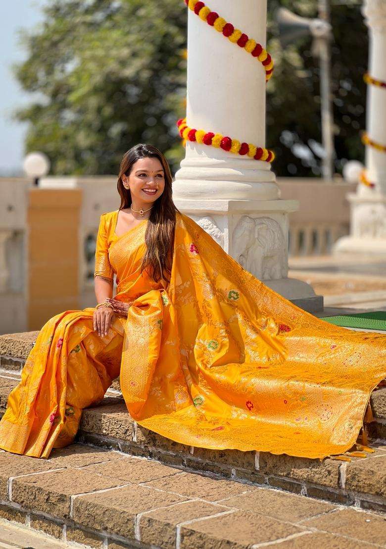 Yellow Zari Work Silk Blend Saree Set for Diwali and Festive Wear - Indya