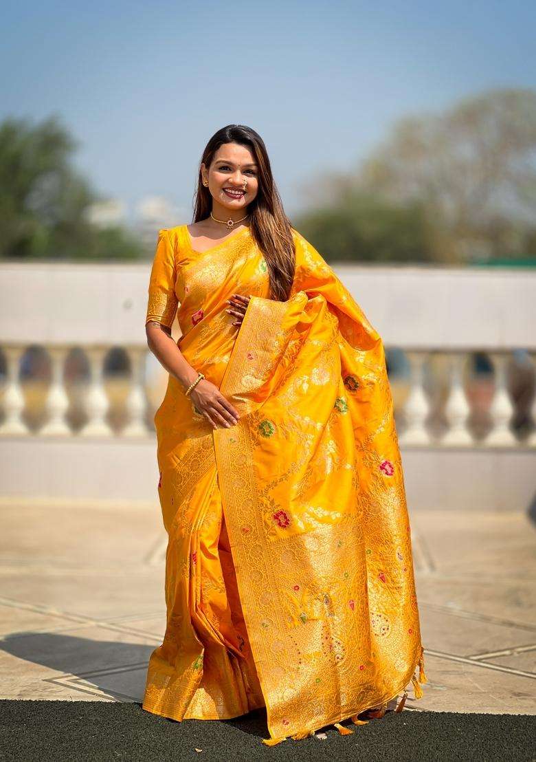 Yellow Zari Work Silk Blend Saree Set for Diwali and Festive Wear - Indya