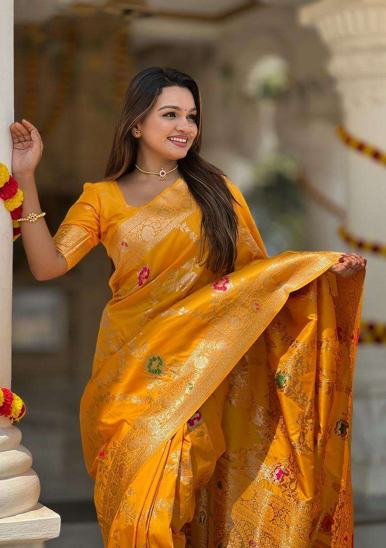 Yellow Zari Work Silk Blend Saree Set for Diwali and Festive Wear - Indya