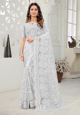 White Embroidery Net Saree Set