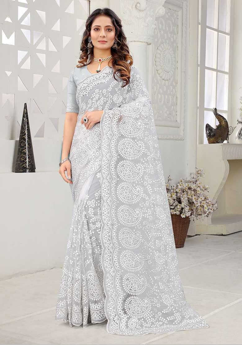 White Embroidery Net Saree Set for Diwali and Festive Wear - Indya