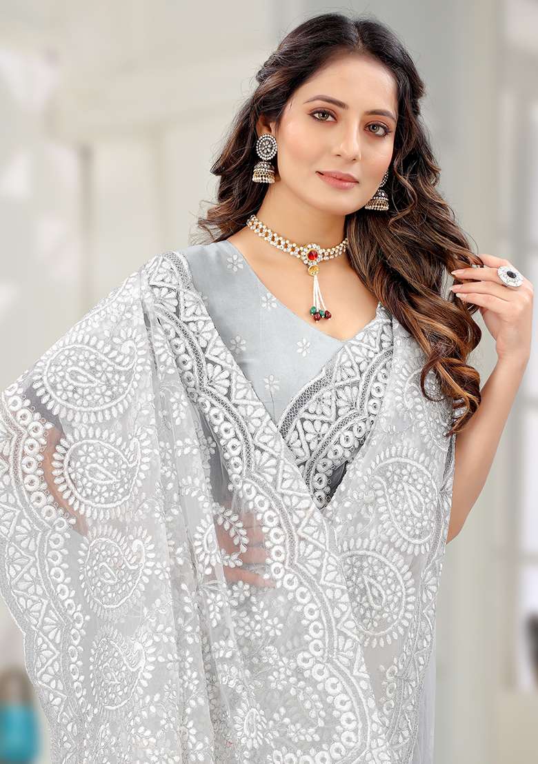 White Embroidery Net Saree Set for Diwali and Festive Wear - Indya