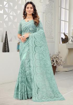 Sea Green Embroidery Net Saree Set