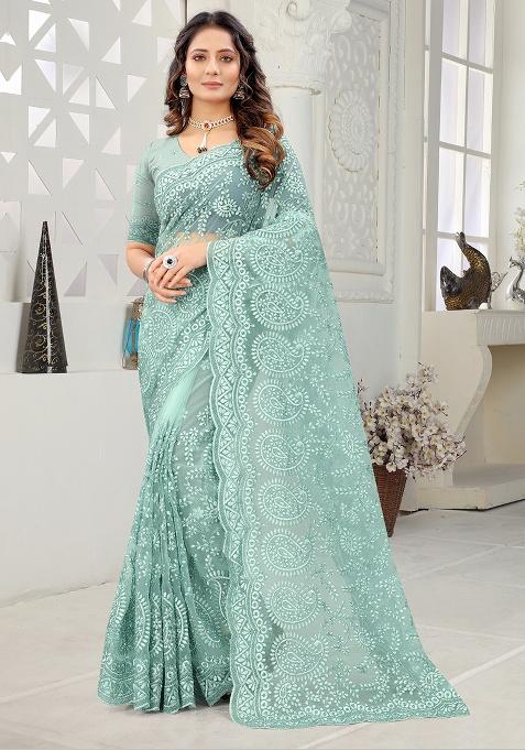 Sea Green Embroidery Net Saree Set