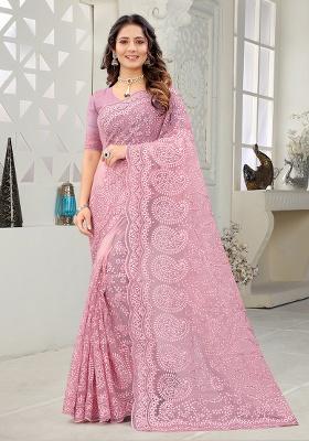 Pink Embroidery Net Saree Set