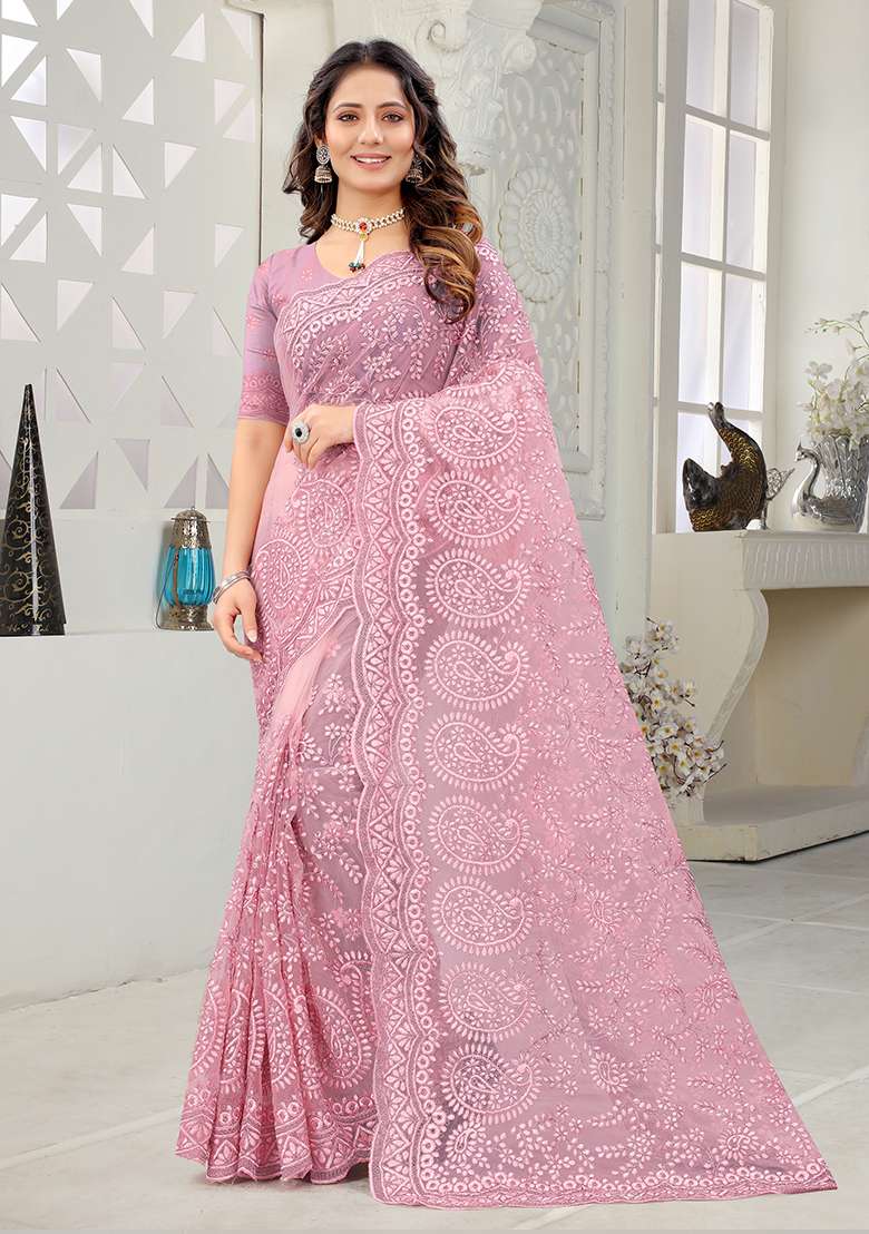 Pink Net Saree Set with Embroidery for Diwali | Wedding & Festive Wear - Indya