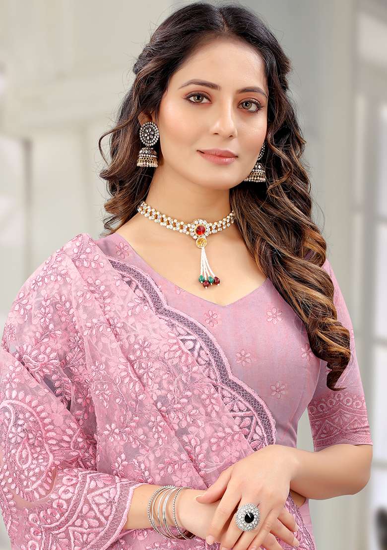Pink Net Saree Set with Embroidery for Diwali | Wedding & Festive Wear - Indya